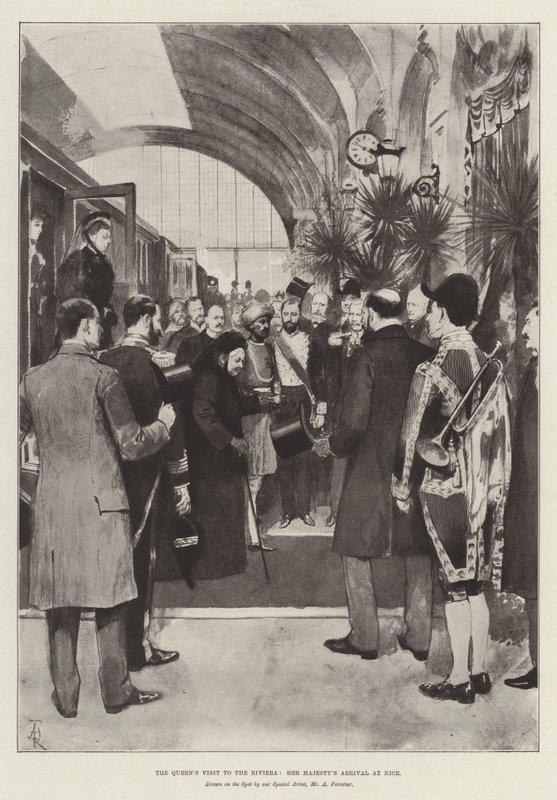 Der Besuch der Königin an der Riviera, Ihre Majestät trifft in Nizza ein von Amedee Forestier