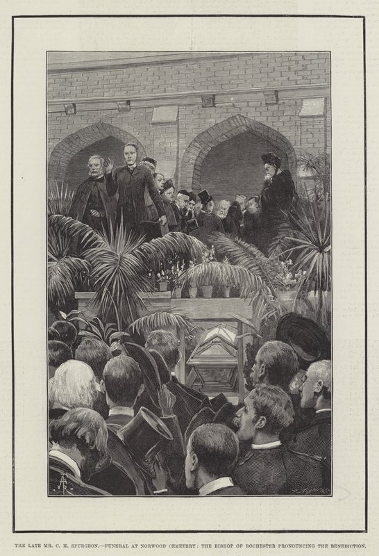Der verstorbene Mr. C. H. Spurgeon, Beerdigung auf dem Norwood-Friedhof, der Bischof von Rochester spricht den Segen von Amedee Forestier