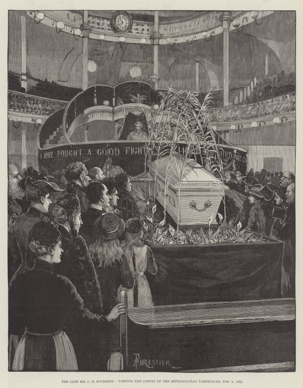 Der verstorbene Mr. C. H. Spurgeon, Betrachtung des Sarges im Metropolitan Tabernacle, 9. Februar 1892 von Amedee Forestier