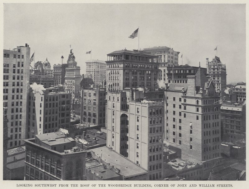 Blick nach Südwesten vom Dach des Woodbridge Building, Ecke John und William Streets von American Photographer