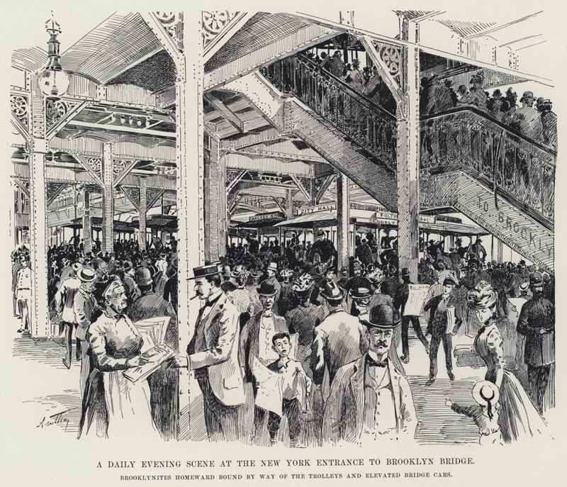 Eine tägliche Abendszene am New Yorker Eingang zur Brooklyn Bridge von American School