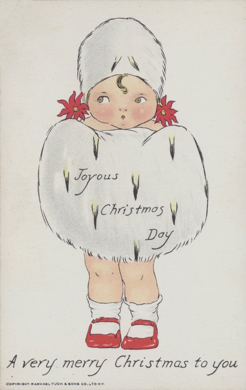 Weihnachtsgrußkarte mit einem Kind mit Weihnachtsfellmuff und Hut von American School