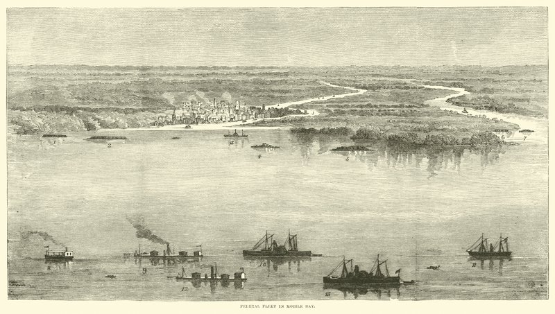 Bundesflotte in der Mobile Bay, August 1864 von American School