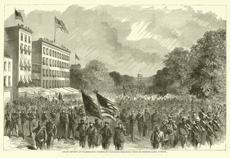 Große Parade in Washington, Shermans Veteranen marschieren durch die Pennsylvania Avenue, Mai 1865 von American School