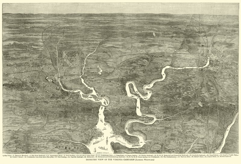 Isometrische Ansicht der Virginia-Kampagne, Blick nach Westen, Juni 1864 von American School