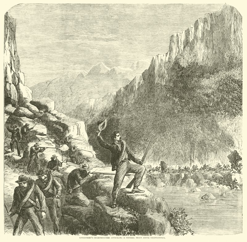 Longstreets Scharfschützen greifen einen Bundeszug oberhalb von Chattanooga an, Oktober 1863 von American School