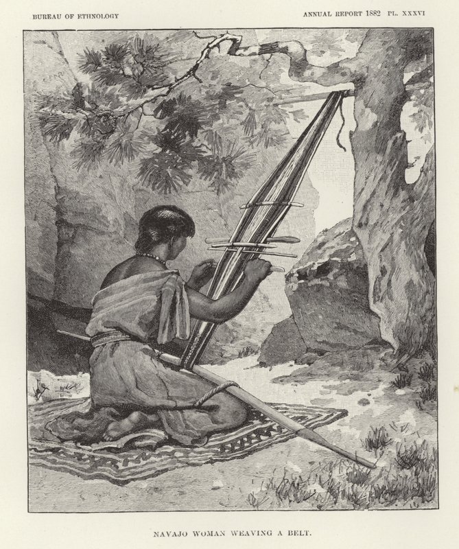 Navajo-Frau beim Weben eines Gürtels von American School