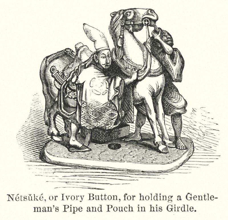 Netsuke, oder Elfenbein-Knopf, um die Pfeife und den Beutel eines Gentlemans im Gürtel zu halten (Gravur) von American School