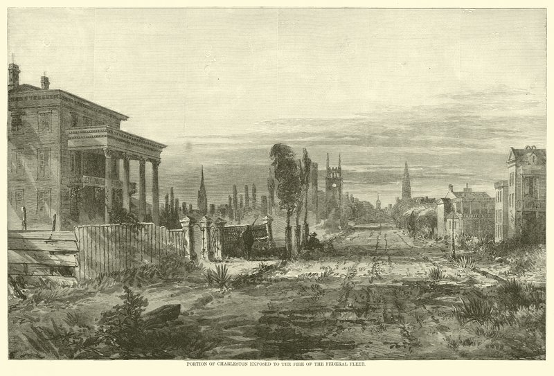 Teil von Charleston, der dem Feuer der Bundesflotte ausgesetzt ist, August 1863 von American School