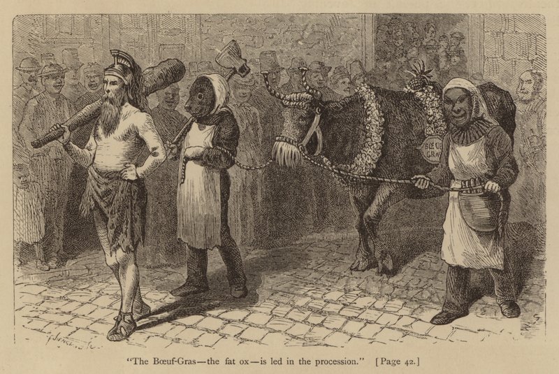 Der Boeuf-Gras, der fette Ochse, wird in der Prozession geführt (Stich) von American School