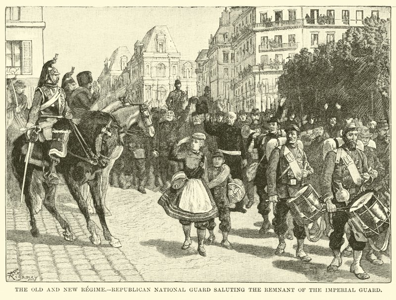 Das alte und neue Regime, republikanische Nationalgarde salutiert den Rest der kaiserlichen Garde von American School
