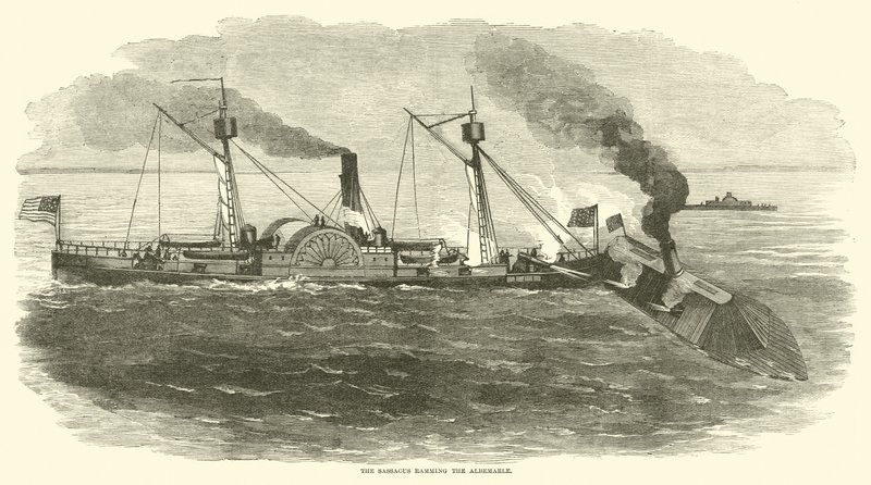 Die Sassacus rammt die Albemarle, Oktober 1864 von American School