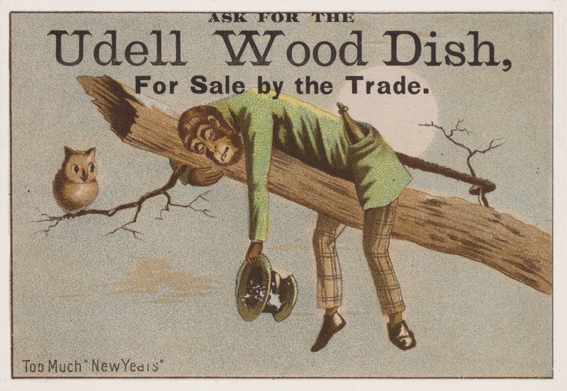 Zu viel Neujahr, Werbekarte für Udell-Holzgeschirr von American School