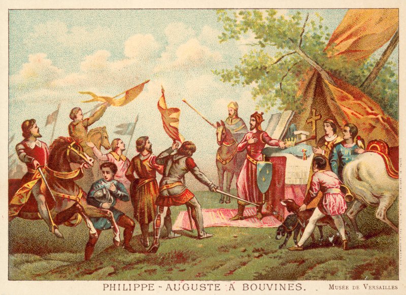 Philipp II. von Frankreich bei Bouvines, 1214 (Chromolithographie) von Antoine Charles Horace Vernet