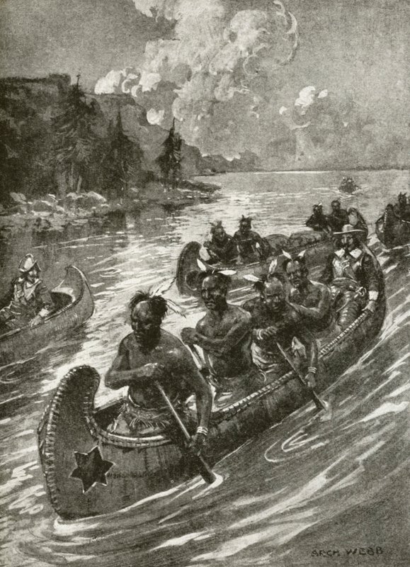 Samuel De Champlain im Jahr 1608, den St.-Lorenz-Strom in den Kanus freundlicher amerikanischer Ureinwohner hinaufsteigend (Lithografie) von Archibald Bertram (after) Webb