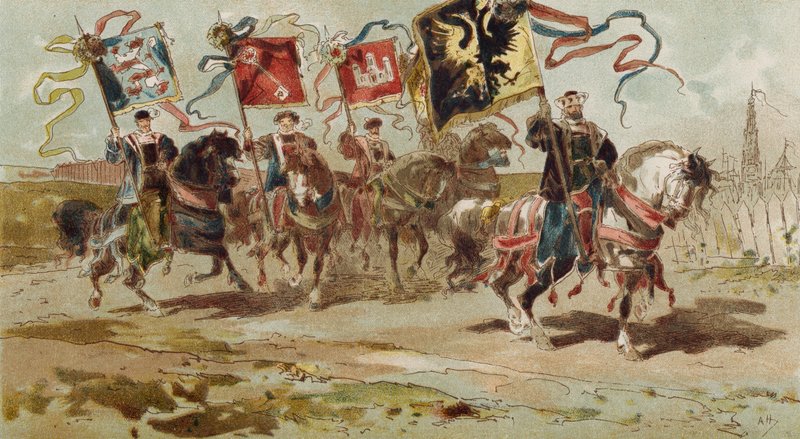 Reiter mit Bannern der Hanse und einiger ihrer Mitgliedsstädte, Spanische Niederlande, 16. Jahrhundert von Armand Jean Heins