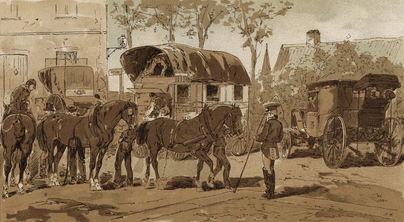 Postkutsche, Kutsche des königlich niederländischen Kurierdienstes und Kutsche, Niederlande, 19. Jahrhundert von Armand Jean Heins