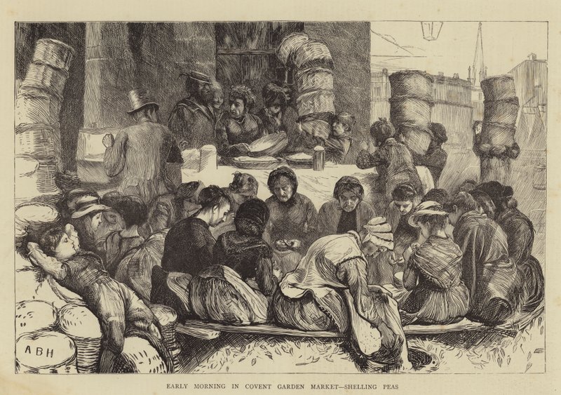 Früher Morgen auf dem Covent Garden Markt, Erbsen schälen von Arthur Boyd Houghton