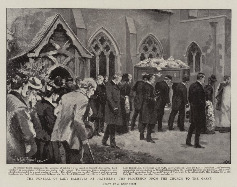 Die Beerdigung von Lady Salisbury in Hatfield, der Prozession von der Kirche zum Grab (Lithografie) von Arthur Kemp Tebby