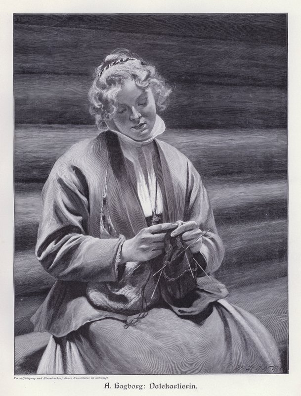 Porträt einer strickenden Frau von August Wilhelm Nikolaus Hagborg