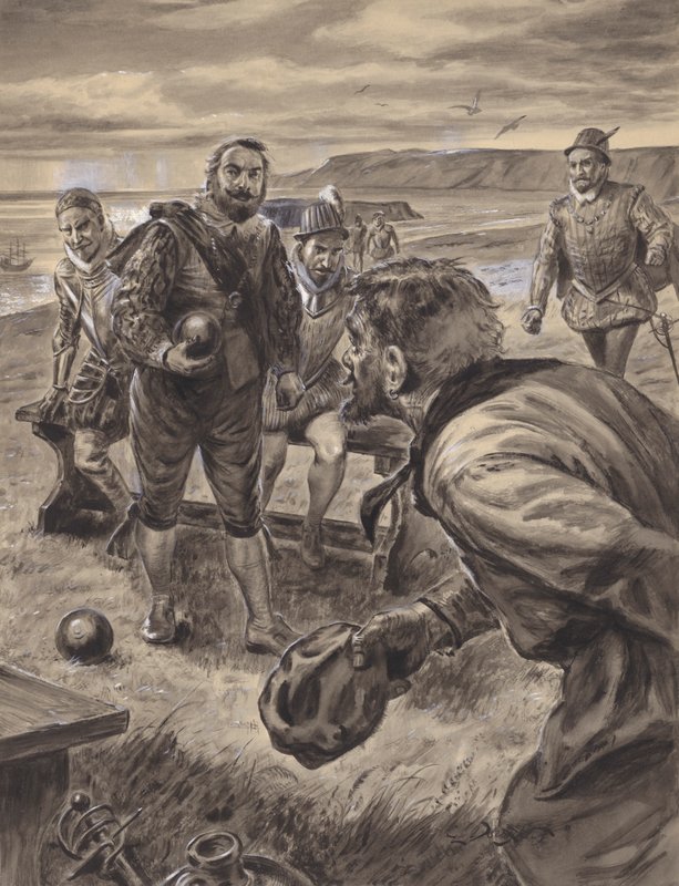 Sir Francis Drake spielt Bowls und erhält Nachricht von der Spanischen Armada von C.L. Doughty