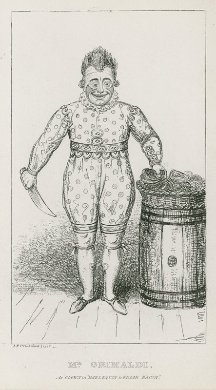 Mr. Joseph Grimaldi als Clown in Harlequin und Friar Bacon von Carl Georg Adolph Hasenpflug