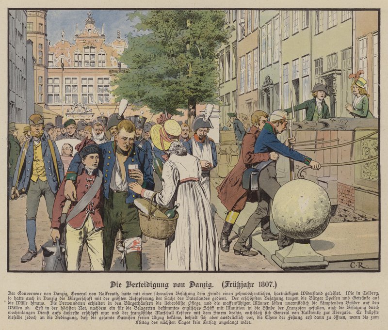 Zivilisten helfen preußischen Verwundeten während der Verteidigung von Danzig, Frühjahr 1807 von Carl Röchling