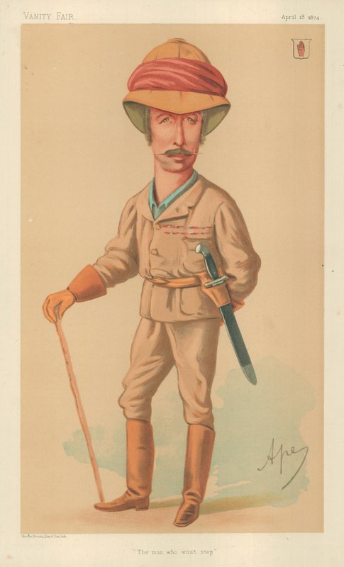 Sir Garnet J Wolseley, Der Mann, der nicht aufhört, 18. April 1874, Vanity Fair Karikatur von Carlo Pellegrini