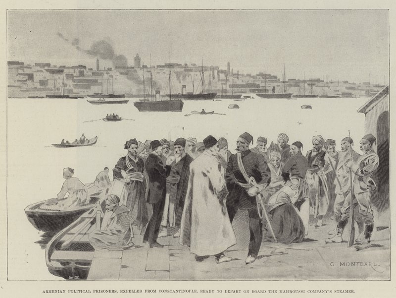 Armenische politische Gefangene, aus Konstantinopel vertrieben, bereit zum Abflug an Bord des Dampfers der Mahroussi-Gesellschaft von Charles Auguste Loye