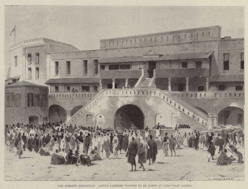 Die Ashanti-Expedition, einheimische Träger warten darauf, am Cape Coast Castle angeheuert zu werden von Charles Auguste Loye
