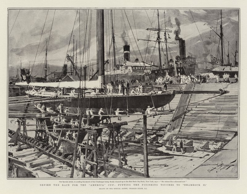 Vor dem Rennen um den America Cup, die letzten Handgriffe an Shamrock II von Charles Edward Dixon