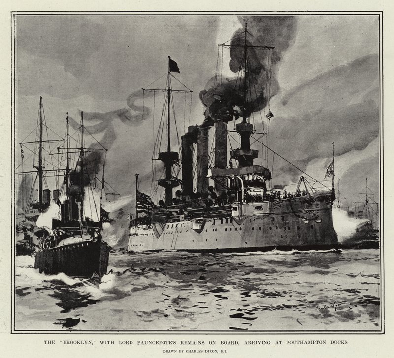 Die Brooklyn, mit Lord Pauncefotes Überresten an Bord, Ankunft in den Docks von Southampton von Charles Edward Dixon