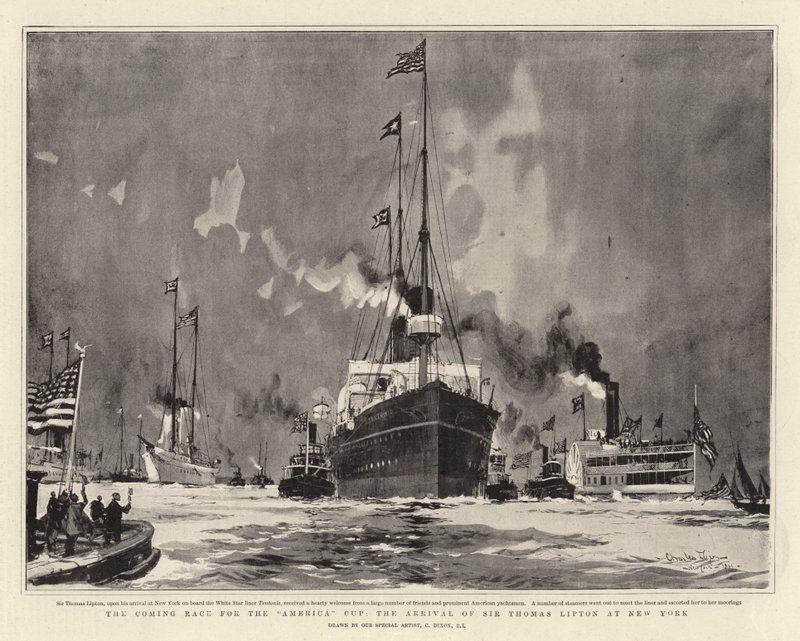 Das kommende Rennen um den America Cup, die Ankunft von Sir Thomas Lipton in New York von Charles Edward Dixon