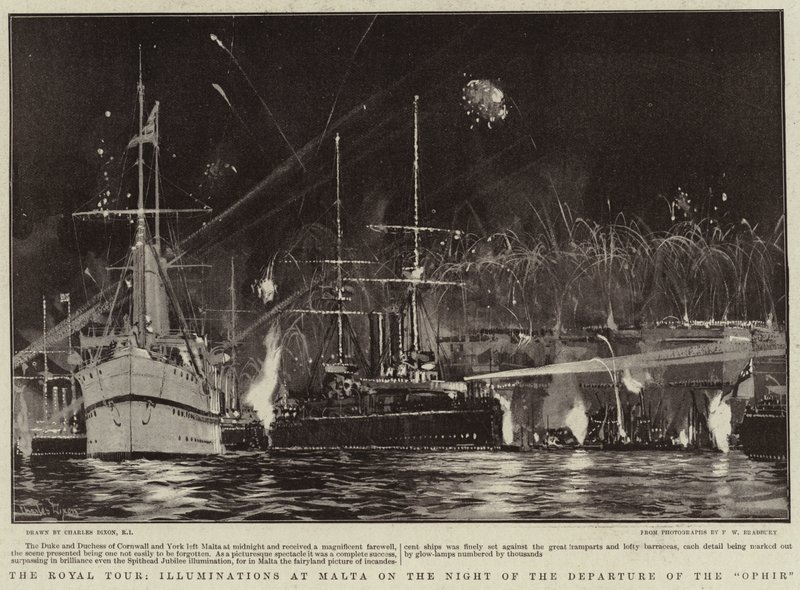 Die königliche Tour, Illuminationen in Malta in der Nacht der Abreise der Ophir von Charles Edward Dixon