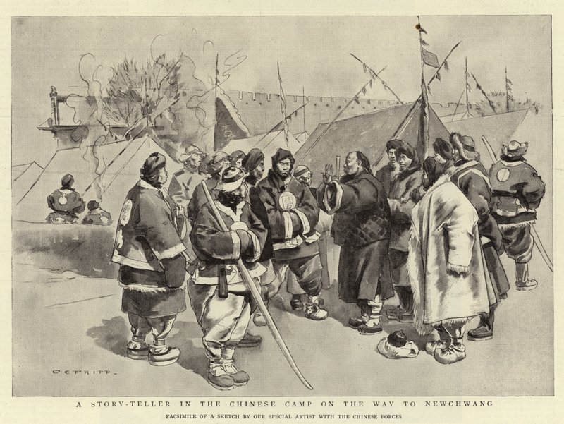 Ein Geschichtenerzähler im chinesischen Lager auf dem Weg nach Newchwang von Charles Edwin Fripp
