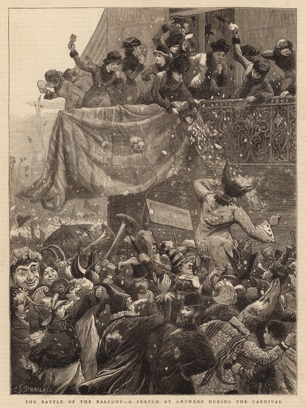 Die Schlacht auf dem Balkon, eine Skizze in Antwerpen während des Karnevals von Charles J. Staniland