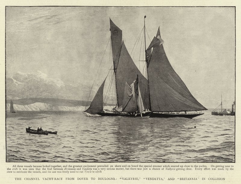 Die Kanal-Yachtregatta von Dover nach Boulogne, Valkyrie, Vendetta und Britannia in Kollision von Charles J. Staniland