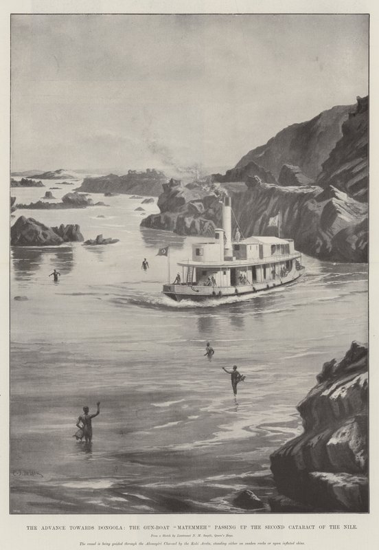 Der Vormarsch nach Dongola, das Kanonenboot Matemmeh passiert den zweiten Katarakt des Nils von Charles John de Lacy