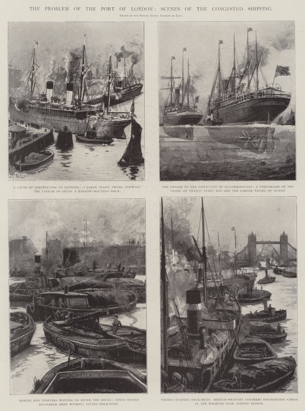 Das Problem des Hafens von London, Szenen des überfüllten Schiffsverkehrs von Charles John de Lacy