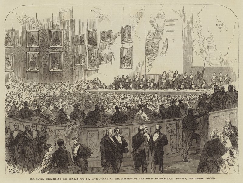 Mr. Young beschreibt seine Suche nach Dr. Livingstone bei der Sitzung der Royal Geographical Society, Burlington House von Sir John Charles Robinson