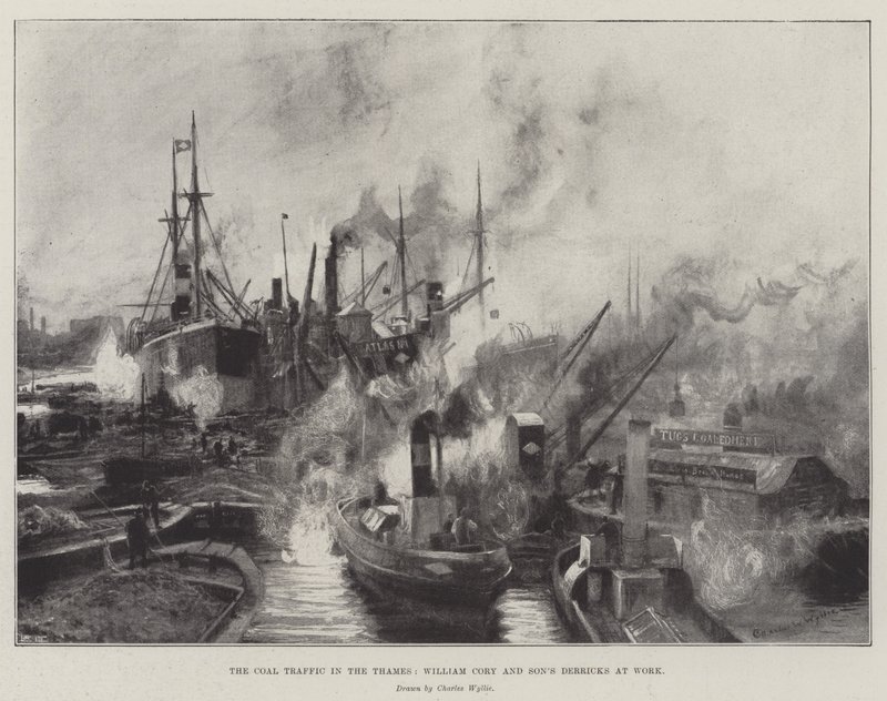 Der Kohleverkehr auf der Themse, William Cory und Sons Kräne bei der Arbeit von Charles William Wyllie