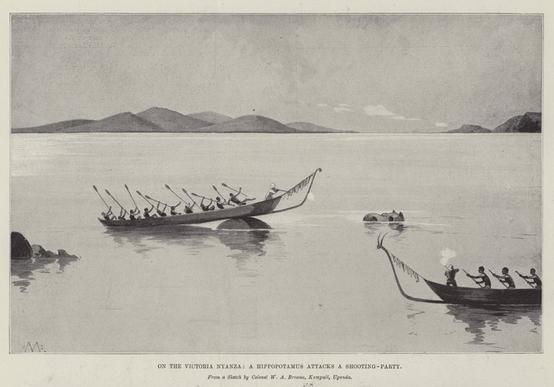 Am Victoria Nyanza, ein Flusspferd greift eine Jagdgesellschaft an von Charles Auguste Loye