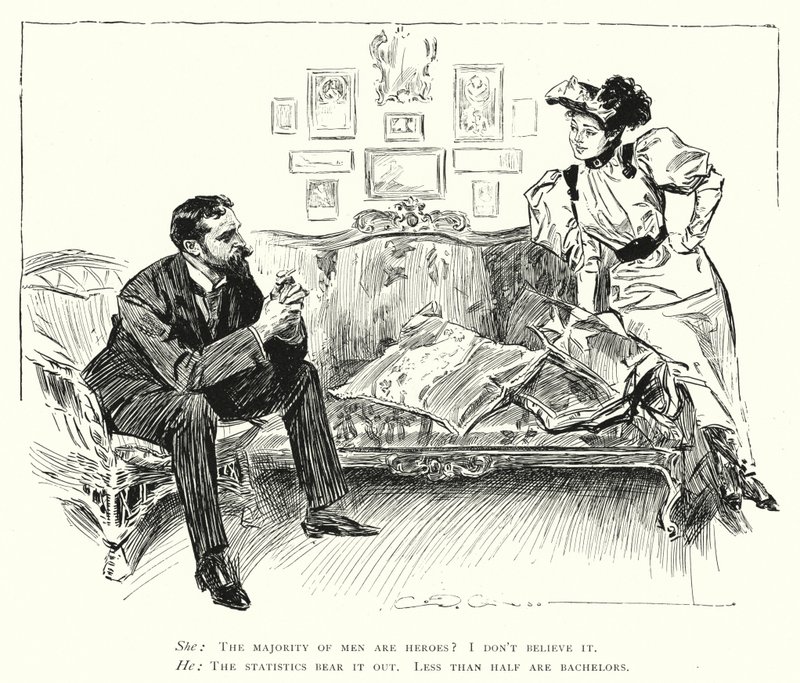 Männer sind Helden - weniger als die Hälfte sind Junggesellen (Lithografie) von Charles Dana Gibson