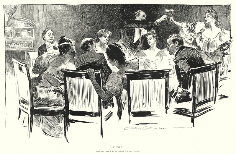 Puzzle, finde den Mann, der für das Abendessen bezahlt (Lithographie) von Charles Dana Gibson