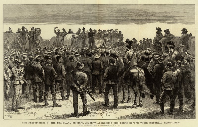 Die Verhandlungen im Transvaal, General Joubert spricht zu den Buren vor ihrer Heimkehr von Charles Edwin Fripp