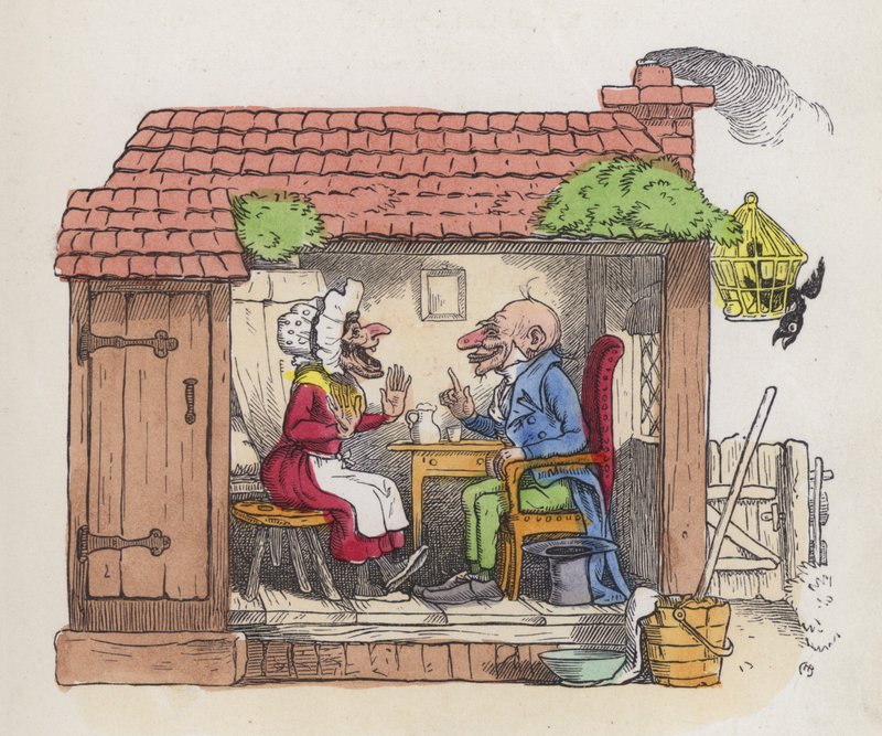 Mann bringt seine Frau zum Lachen (farbige Gravur) von Charles Henry (after) Bennett
