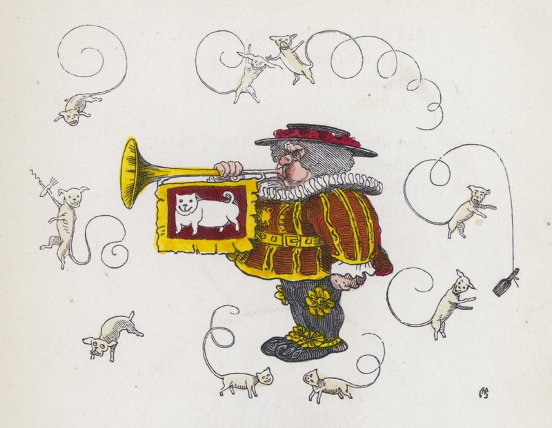 Stadtausrufer bläst eine Trompete, umgeben von Hunden mit lockigen Schwänzen von Charles Henry (after) Bennett