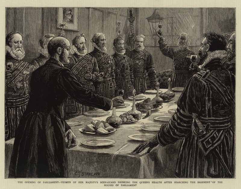 Die Eröffnung des Parlaments, Yeomen der Leibgarde Ihrer Majestät trinken auf die Gesundheit der Königin nach der Durchsuchung des Kellers des Parlamentsgebäudes von Charles J. Staniland