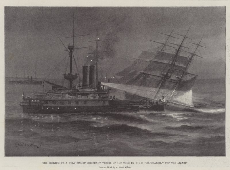 Das Sinken eines vollgetakelten Handelsschiffs von 1400 Tonnen durch die HMS Sanspareil vor dem Lizard von Charles John de Lacy