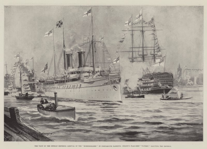Der Besuch des deutschen Kaisers, Ankunft der Hohenzollern im Hafen von Portsmouth, Nelsons Flaggschiff Victory salutiert den Kaiser von Charles John de Lacy
